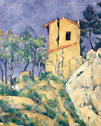 The House with the Cracked Walls by Cézanne: a tall ochre house with a long crack, rocks and green trees, blue sky