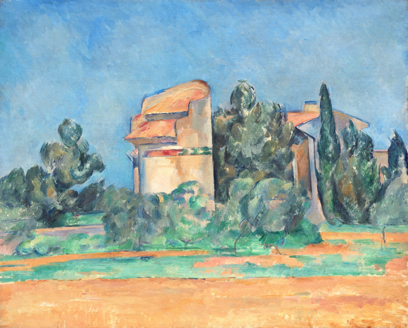 The Pigeon Tower at Bellevue by Cézanne: a round white tower and farm buildings among green trees, blue sky, orange earth