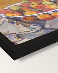 The Plate of Apples by Paul Cézanne framed canvas, corner close-up: a black floating frame with a shadow gap round the canvas