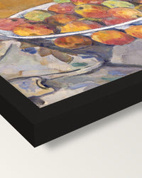 The Plate of Apples by Paul Cézanne framed print, corner close-up: black moulding, mitred, the print set just below its edge