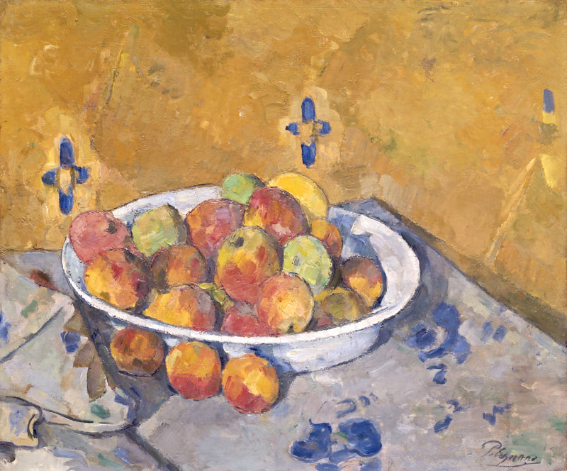 The Plate of Apples by Paul Cézanne: apples on a white plate tipped forward, before diamond-patterned wallpaper
