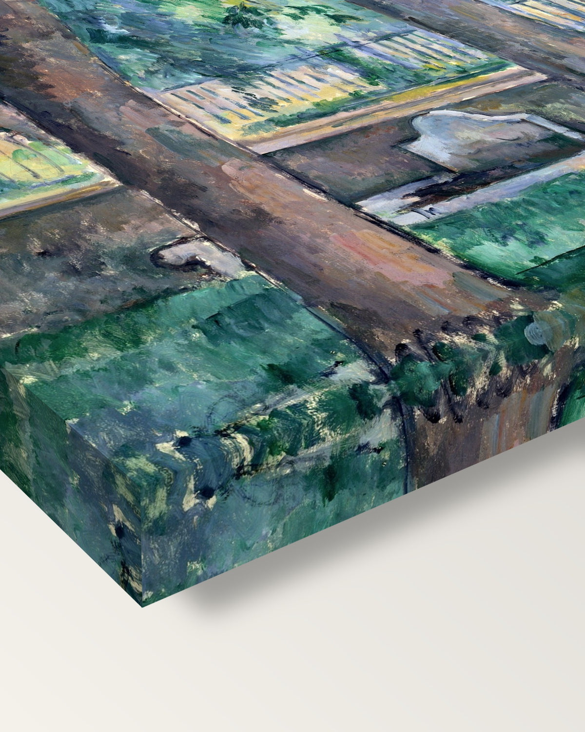 Pool at Jas de Bouffan by Paul Cézanne on stretched canvas, corner close-up: the painting mirror-wrapped round the sides