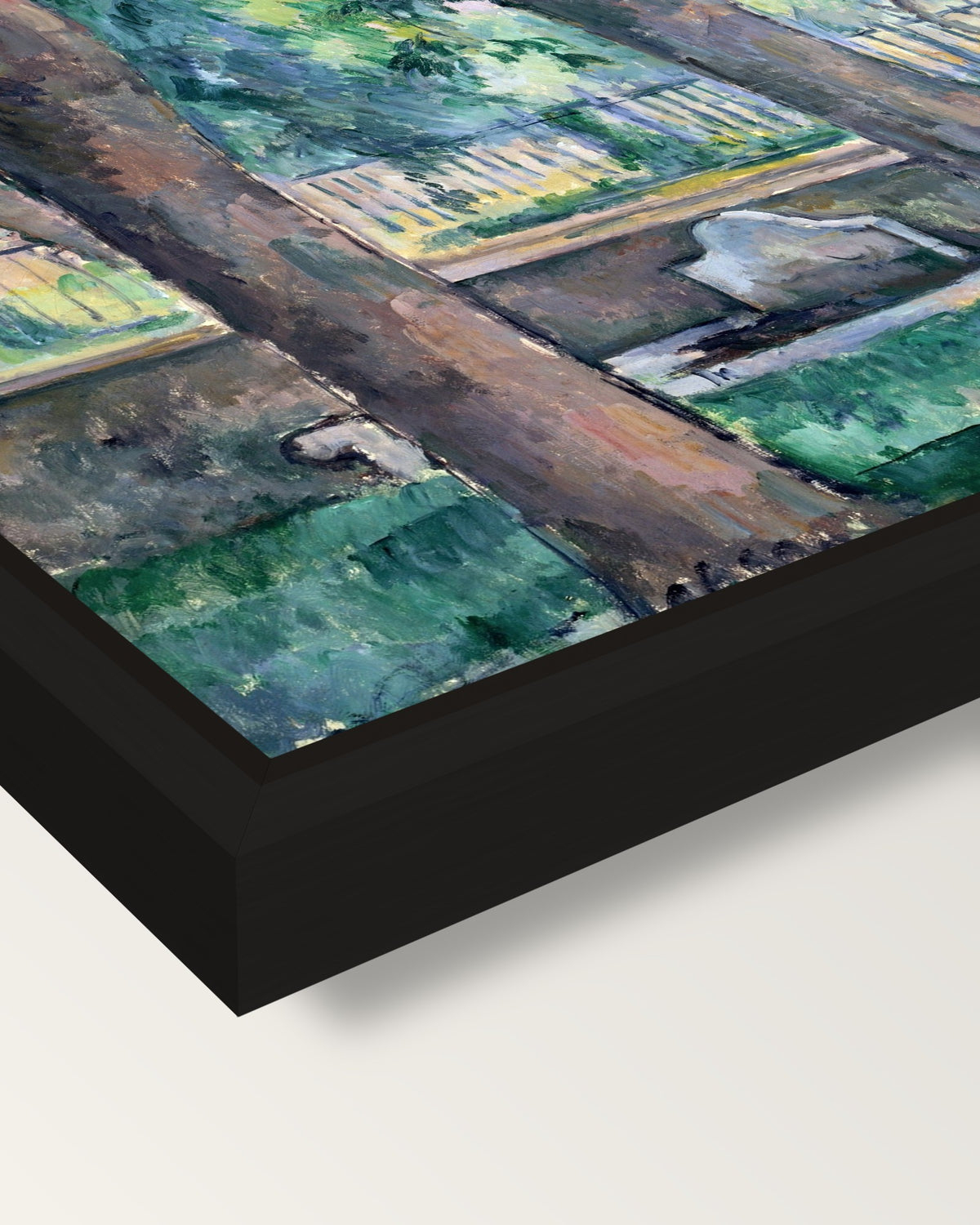 Pool at Jas de Bouffan by Cézanne framed canvas, corner close-up: a black floating frame with a shadow gap round the canvas