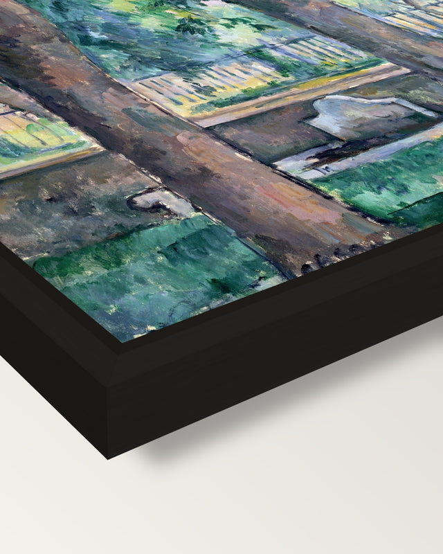 Pool at Jas de Bouffan by Cézanne framed canvas, corner close-up: a black floating frame with a shadow gap round the canvas