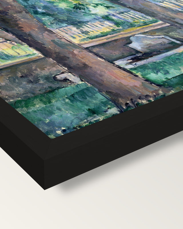 Pool at Jas de Bouffan by Cézanne framed print, corner close-up: black moulding, mitred, the print set just below its edge