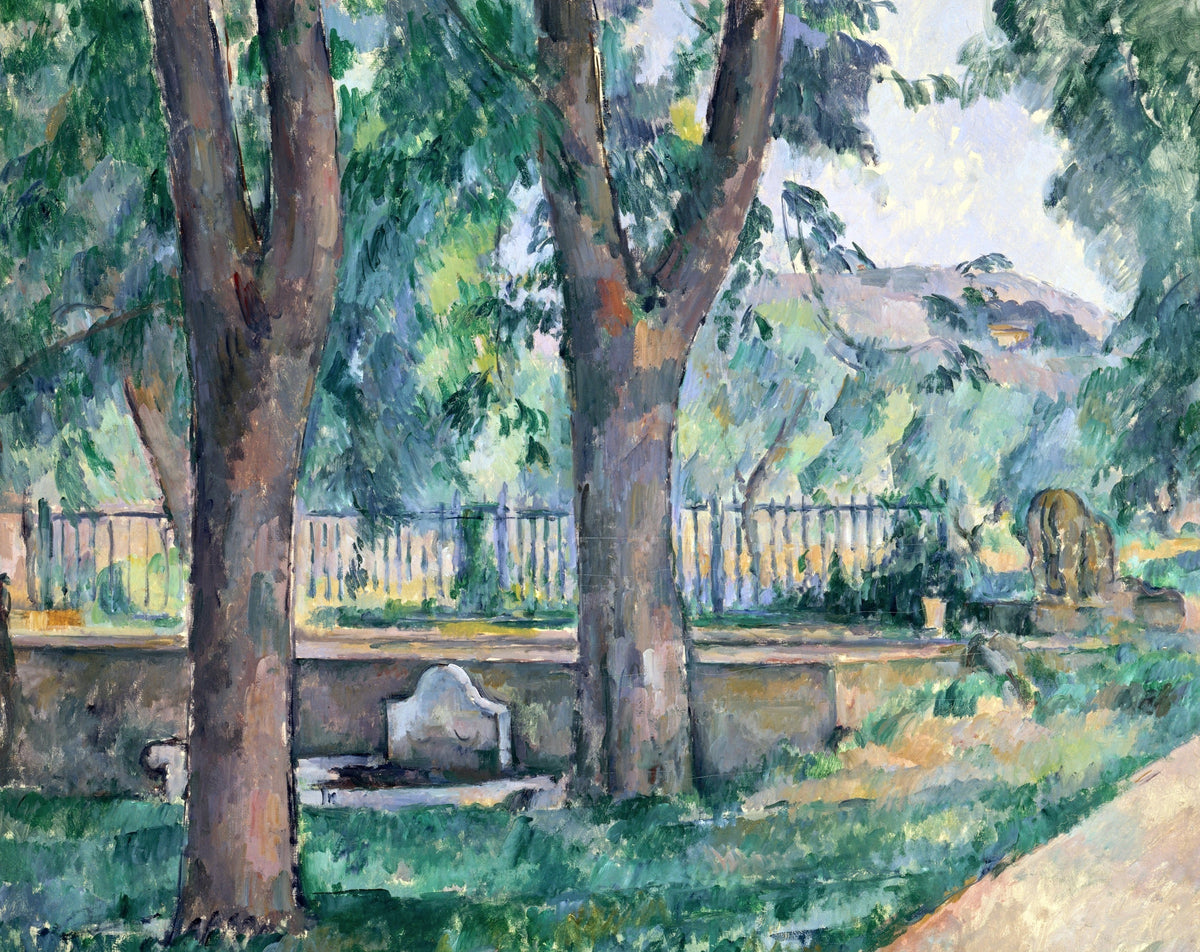 The Pool at the Jas de Bouffan by Cézanne: tall tree trunks beside a stone pool and rail, green fields and a blue hill