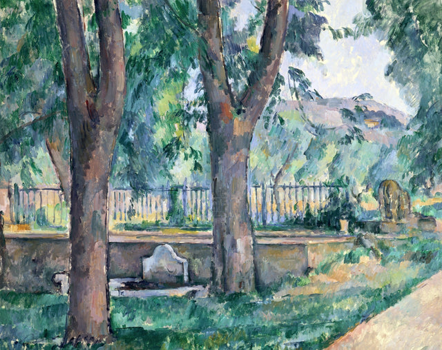 The Pool at the Jas de Bouffan by Cézanne: tall tree trunks beside a stone pool and rail, green fields and a blue hill