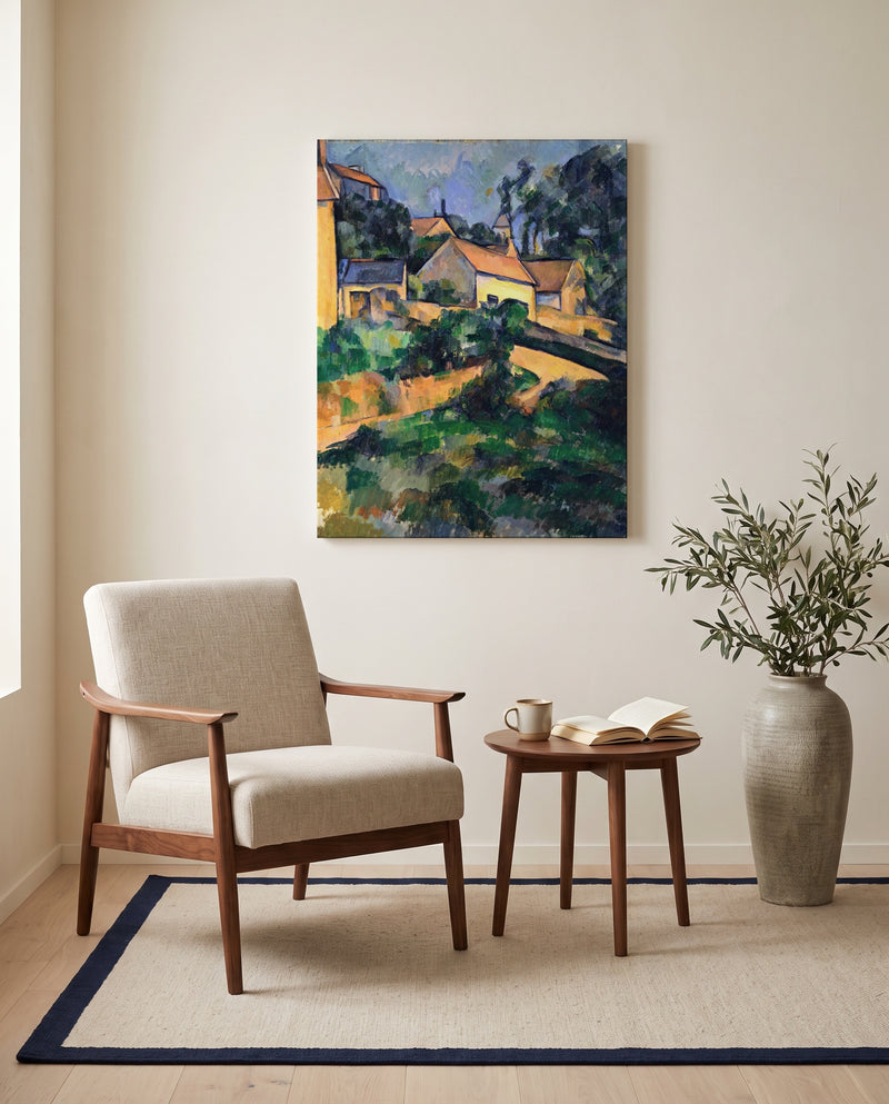 Road at Montgeroult by Paul Cézanne as a stretched canvas above a linen lounge chair in a reading corner