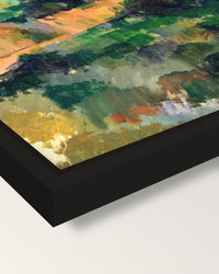 Road at Montgeroult by Paul Cézanne framed canvas, corner close-up: a black floating frame with a shadow gap round the canvas