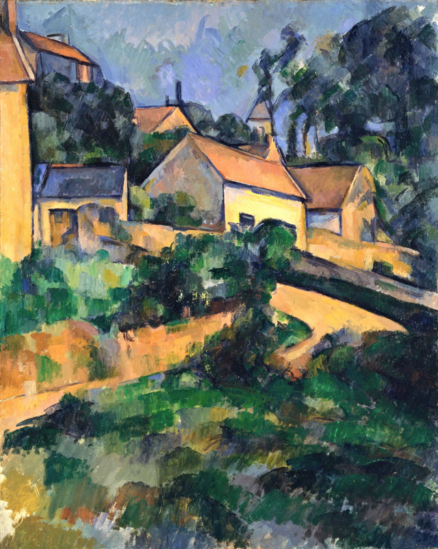 Turning Road at Montgeroult by Cézanne: ochre houses with red roofs above dense green foliage and a bending road