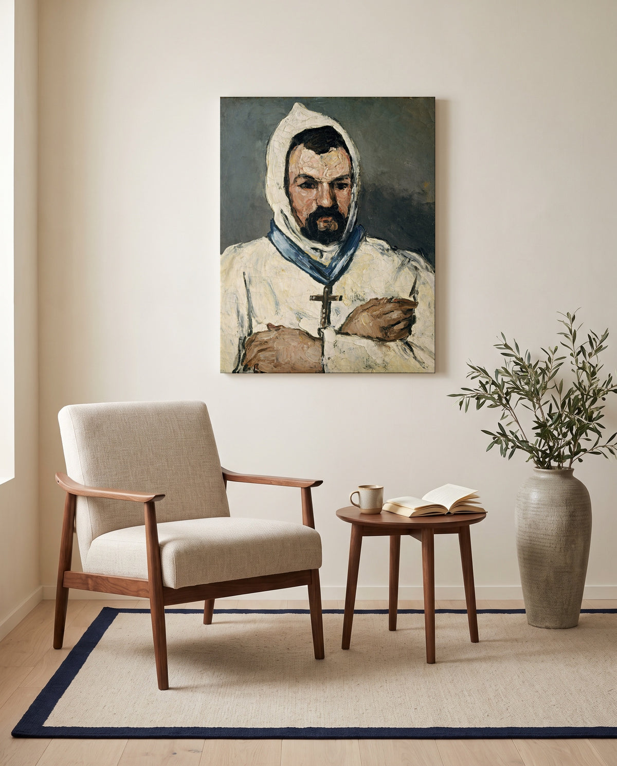 Uncle Dominique as a Monk by Paul Cézanne as a stretched canvas above a linen lounge chair in a reading corner