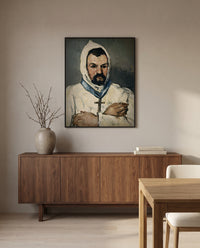Uncle Dominique as a Monk by Paul Cézanne in a black frame above a walnut sideboard in a dining room