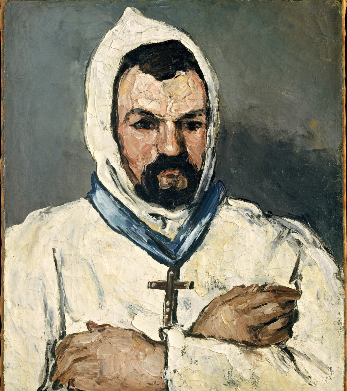 Uncle Dominique as a Monk by Cézanne: a bearded man in a white hooded habit, arms crossed, a cross on his chest