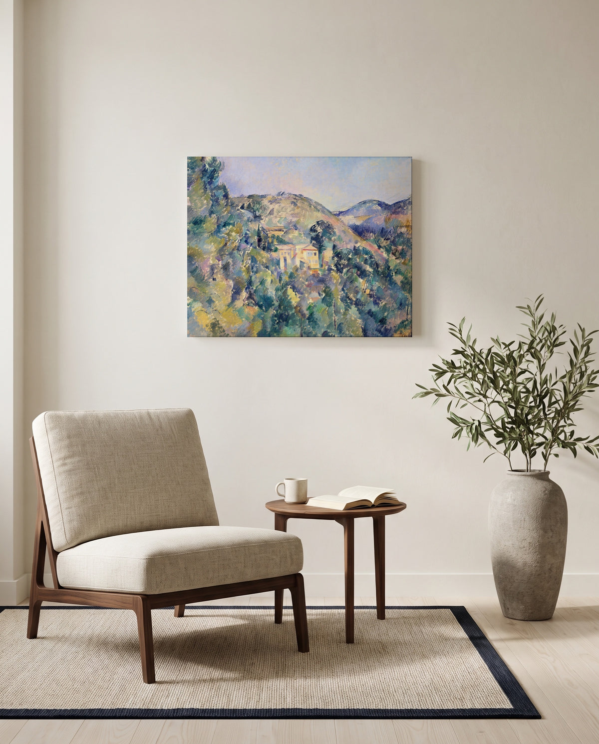 Domaine Saint-Joseph by Paul Cézanne as a stretched canvas above a linen lounge chair in a reading corner