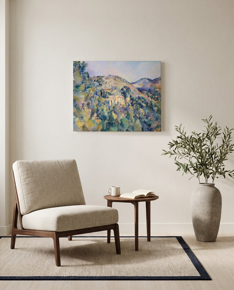 Domaine Saint-Joseph by Paul Cézanne as a stretched canvas above a linen lounge chair in a reading corner