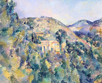 View of the Domaine Saint-Joseph by Cézanne: a green wooded hillside with a few buildings and blue hills beyond