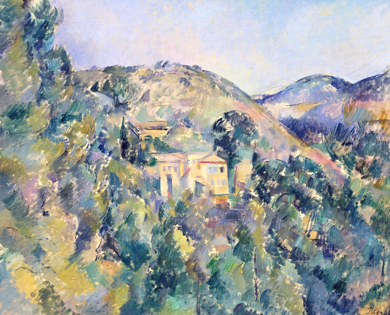 View of the Domaine Saint-Joseph by Cézanne: a green wooded hillside with a few buildings and blue hills beyond