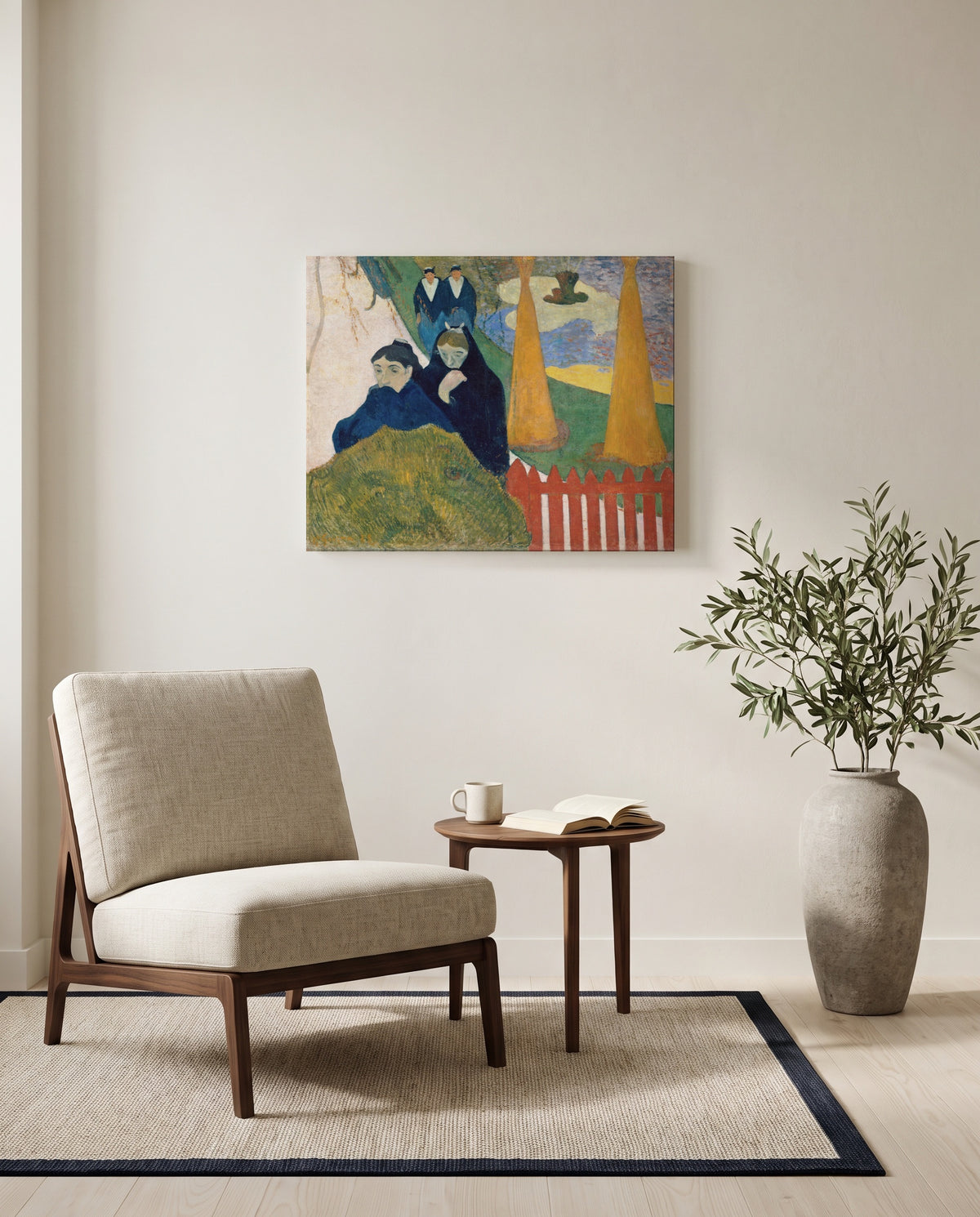 Arlésiennes (Mistral) by Paul Gauguin as a stretched canvas above a linen lounge chair in a reading corner