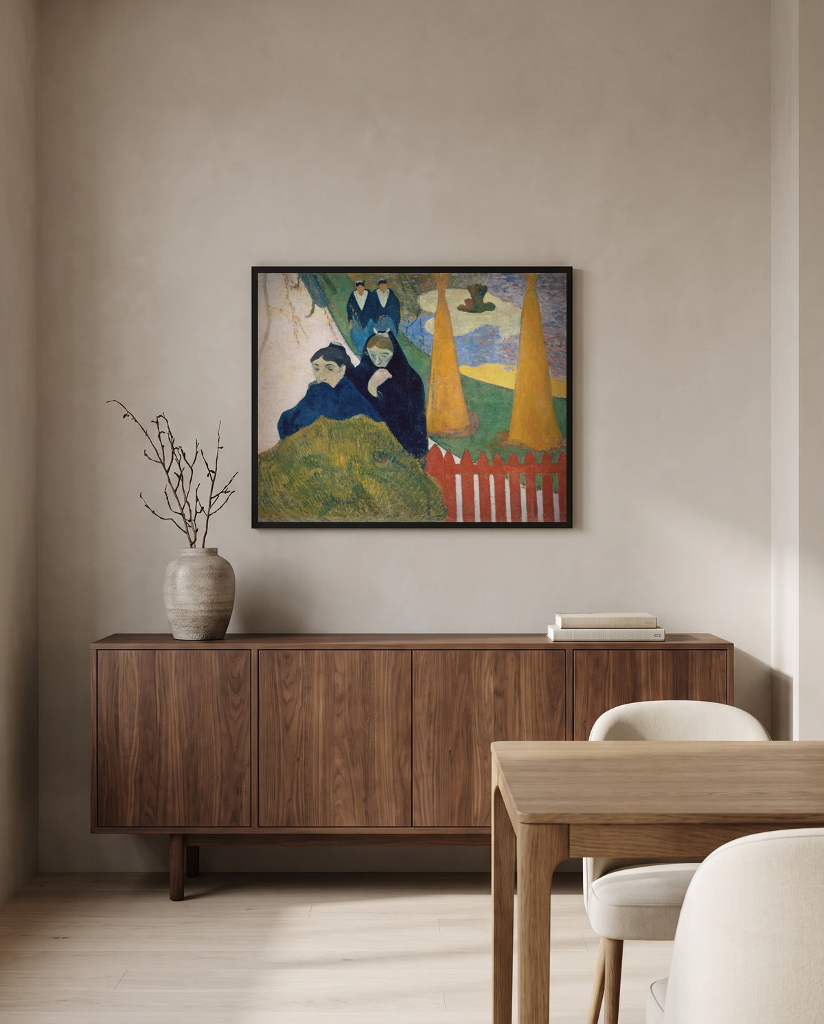 Arlésiennes (Mistral) by Paul Gauguin in a black frame above a walnut sideboard in a dining room