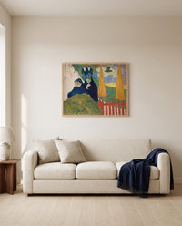 Arlésiennes (Mistral) by Paul Gauguin framed in natural oak above a cream sofa in a warm living room