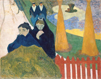 Arlésiennes by Gauguin: women in dark shawls walking past a red fence and two orange cone-shaped bushes in a garden