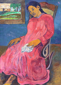 Faaturuma by Gauguin: a dark-haired woman in a long red dress seated in a rocking chair against a deep blue wall