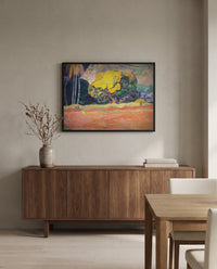 Fatata te Moua by Paul Gauguin in a black frame above a walnut sideboard in a dining room