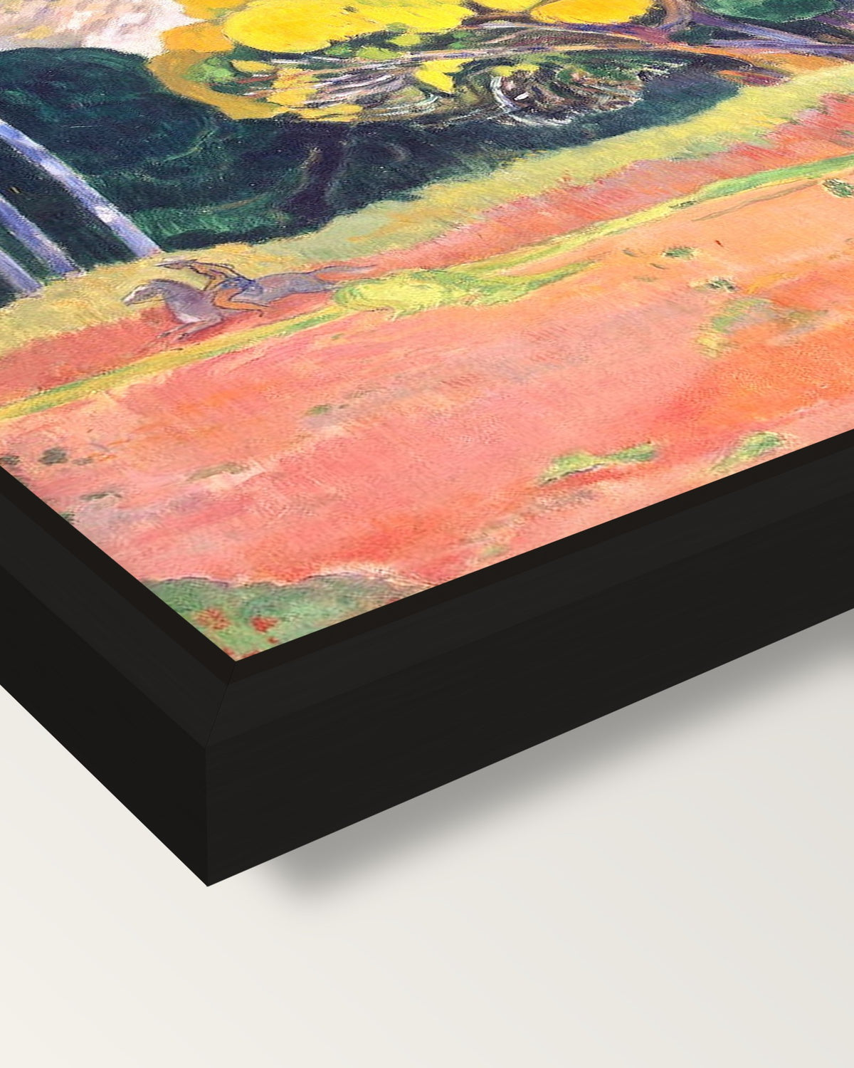Fatata te Moua by Paul Gauguin framed canvas, corner close-up: a black floating frame with a shadow gap round the canvas