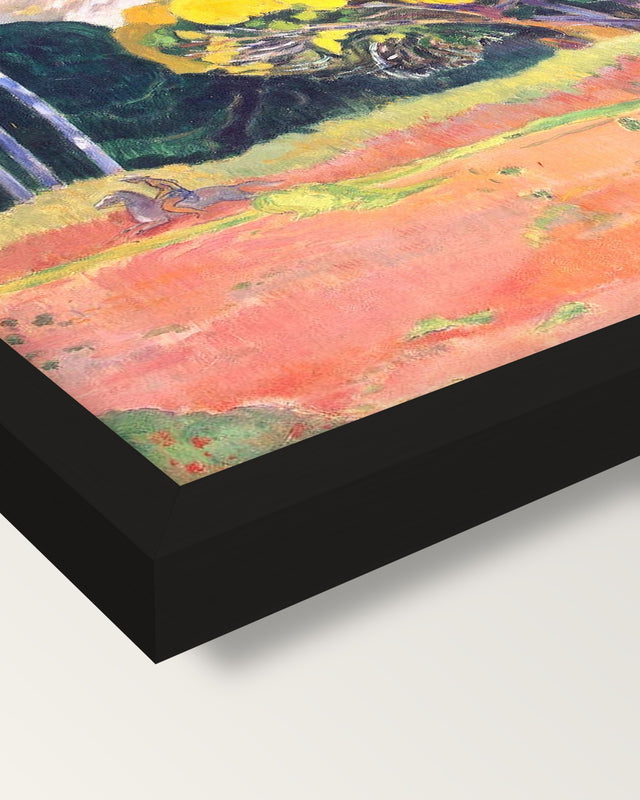 Fatata te Moua by Paul Gauguin framed print, corner close-up: black moulding, mitred, the print set just below its edge