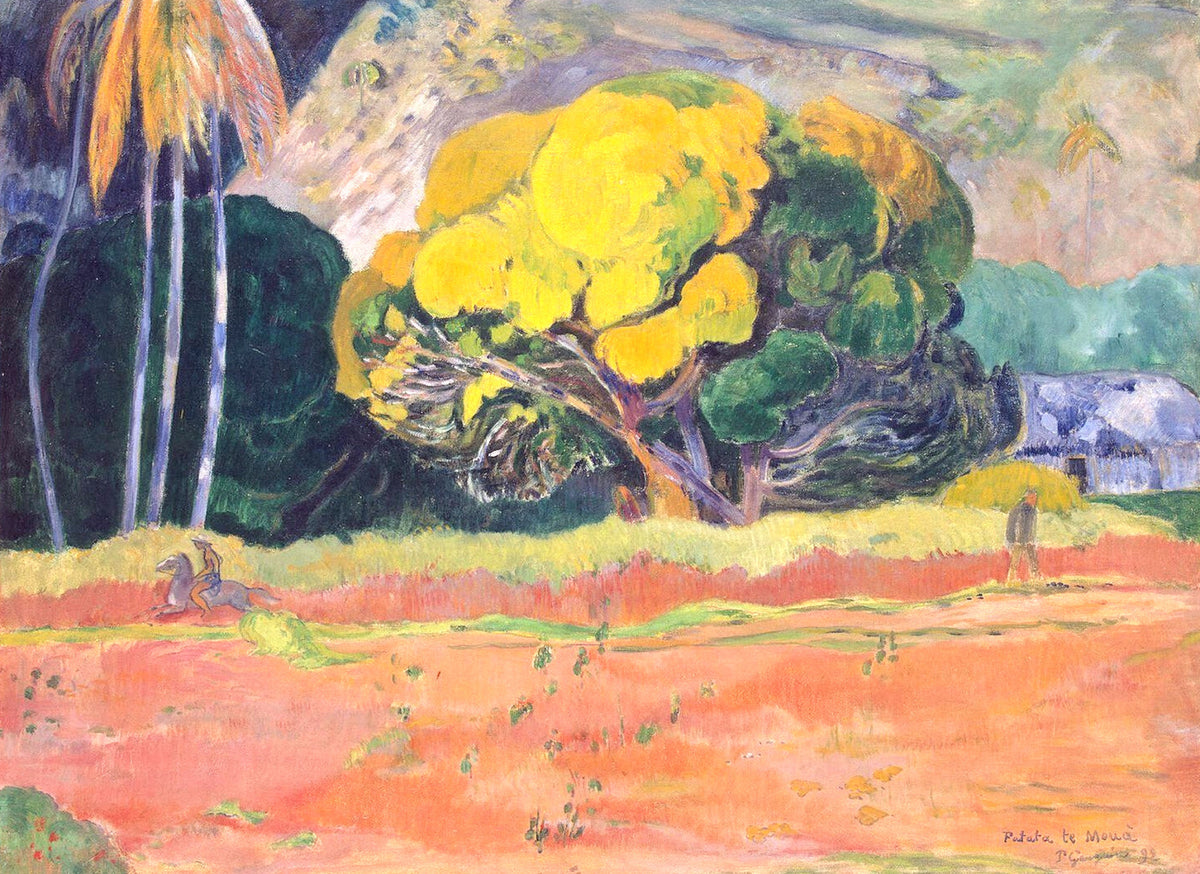 Fatata te Moua by Gauguin: a great yellow and green tree and dark palms above a pink plain, mountains behind