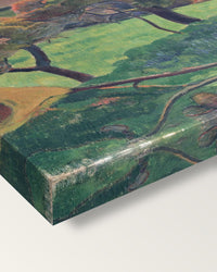 Fields by the Sea by Paul Gauguin on stretched canvas, corner close-up: the painting mirror-wrapped round the sides