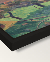 Fields by the Sea by Paul Gauguin framed canvas, corner close-up: a black floating frame with a shadow gap round the canvas
