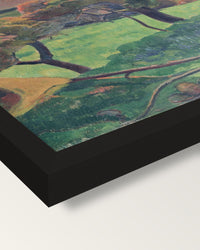 Fields by the Sea by Paul Gauguin framed print, corner close-up: black moulding, mitred, the print set just below its edge