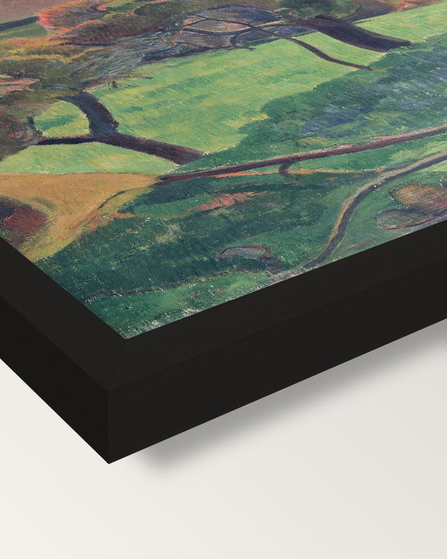 Fields by the Sea by Paul Gauguin framed print, corner close-up: black moulding, mitred, the print set just below its edge