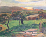 Fields by the Sea by Gauguin: Breton fields in orange and green bands, twisted trees and a pale sea under a cloudy sky