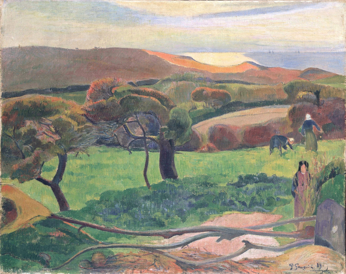 Fields by the Sea by Gauguin: Breton fields in orange and green bands, twisted trees and a pale sea under a cloudy sky