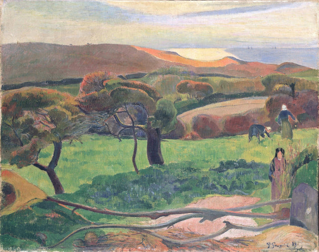 Fields by the Sea by Gauguin: Breton fields in orange and green bands, twisted trees and a pale sea under a cloudy sky