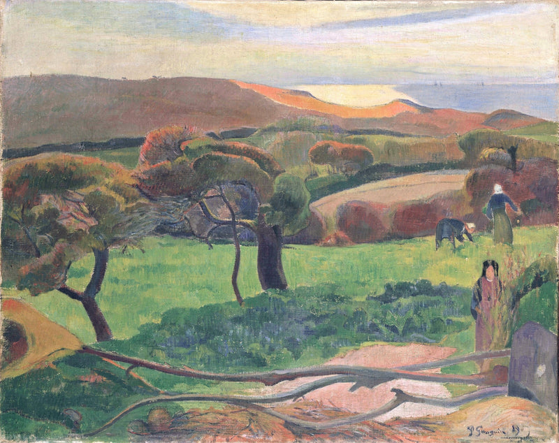 Fields by the Sea by Gauguin: Breton fields in orange and green bands, twisted trees and a pale sea under a cloudy sky