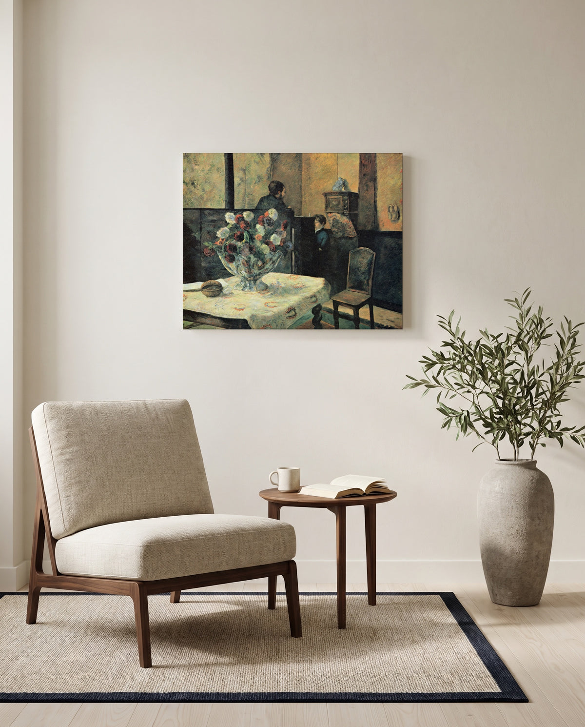 Interior, rue Carcel by Paul Gauguin as a stretched canvas above a linen lounge chair in a reading corner