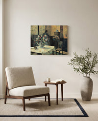 Interior, rue Carcel by Paul Gauguin as a stretched canvas above a linen lounge chair in a reading corner