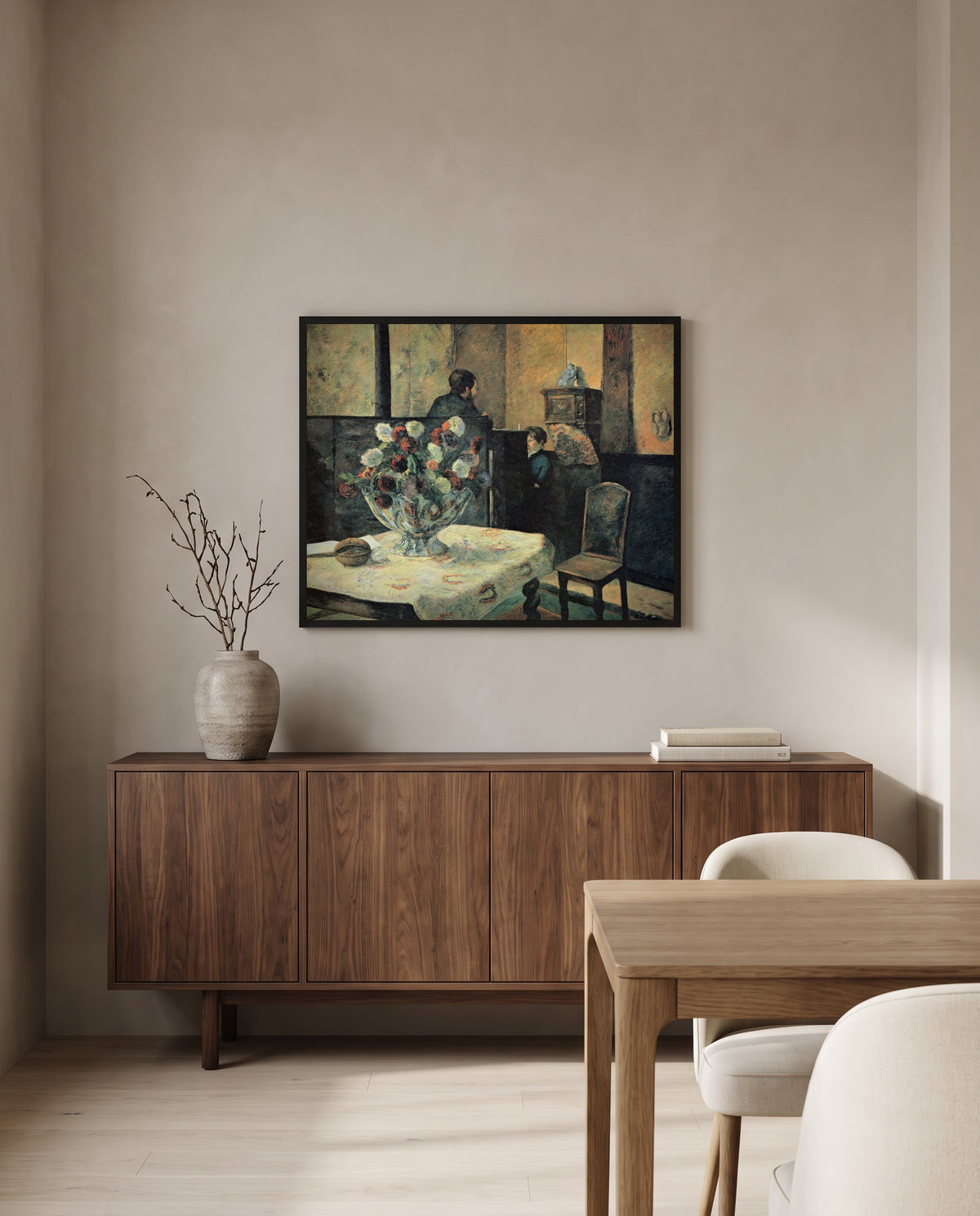 Interior, rue Carcel by Paul Gauguin in a black frame above a walnut sideboard in a dining room
