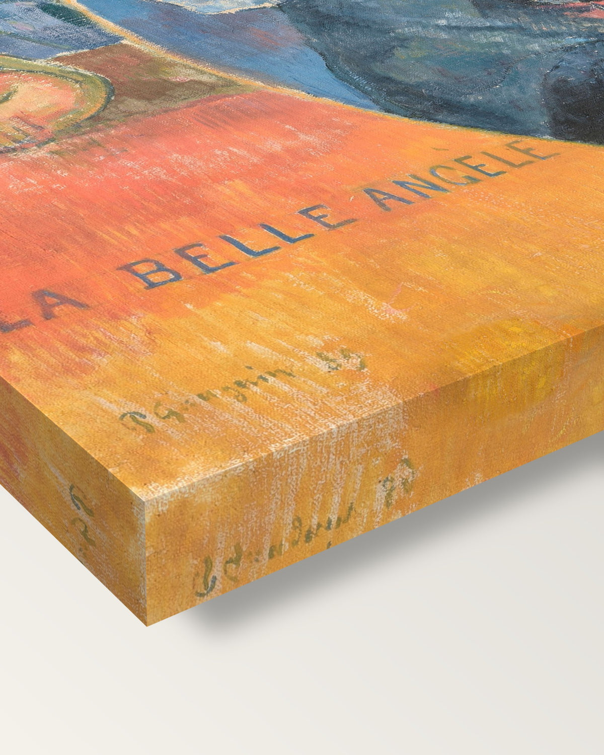 La Belle Angèle by Paul Gauguin on stretched canvas, corner close-up: the painting mirror-wrapped round the sides