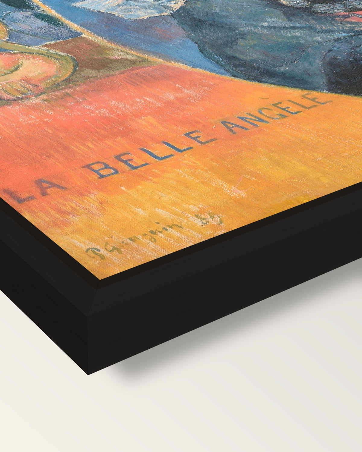 La Belle Angèle by Paul Gauguin framed canvas, corner close-up: a black floating frame with a shadow gap round the canvas