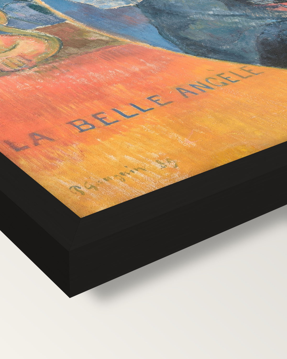 La Belle Angèle by Paul Gauguin framed print, corner close-up: black moulding, mitred, the print set just below its edge