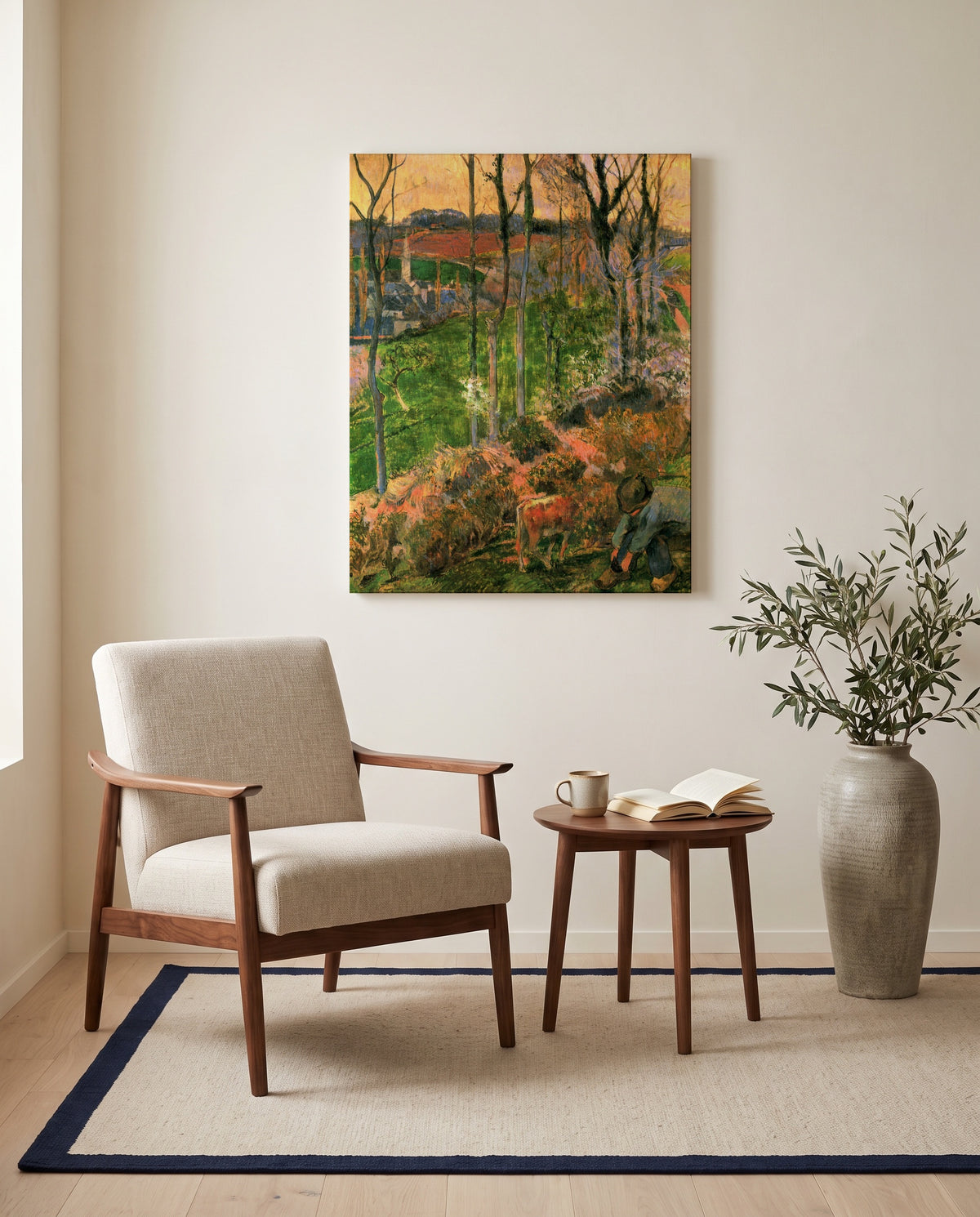 Landscape from Pont-Aven by Paul Gauguin as a stretched canvas above a linen lounge chair in a reading corner