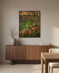 Landscape from Pont-Aven by Paul Gauguin in a black frame above a walnut sideboard in a dining room