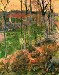 Landscape from Pont-Aven by Paul Gauguin: thin bare trees against an orange sky over green fields and russet bushes
