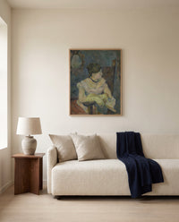 Mette Gauguin by Paul Gauguin framed in natural oak above a cream sofa in a warm living room
