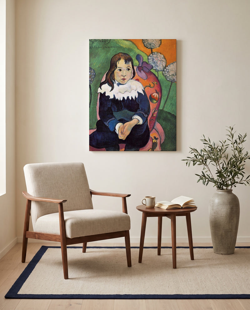 Mr. Loulou by Paul Gauguin as a stretched canvas above a linen lounge chair in a reading corner