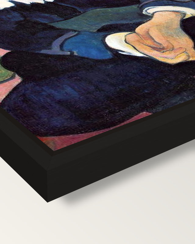 Mr. Loulou by Paul Gauguin framed canvas, corner close-up: a black floating frame with a shadow gap round the canvas